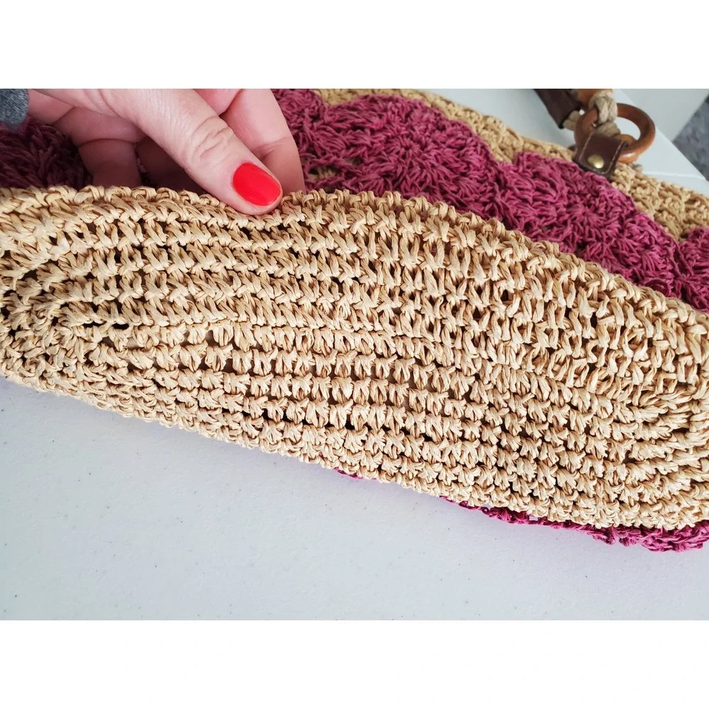 Fossil Straw Crochet Tote Shoulder‎ Bag Pink Beige Wood Beaded Boho Vacation